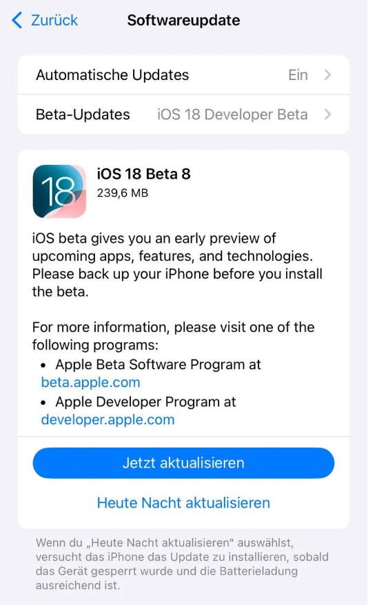 观山湖苹果手机维修分享苹果 iOS / iPadOS 18 开发者预览版 Beta 8 发布 